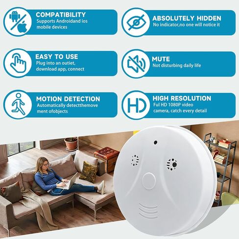 1080P HD WiFi Smoke Detector Security Camera, Night Vision, App Remote View | Real-time remote monitoring via phone App, easy setup, suitable for home, office, garage and shop surveillance in Kuwait