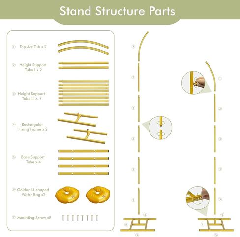 EMART Balloon Arch Stand with 2 Golden U-shaped Water Bag & 4 Reusable Ground Stakes,7.5FT & 6.2FT Set of 2 Gold Half Wedding Arch Stand for Wedding,Party, Baby Shower, Graduation Ceremony, Exhibition in Kuwait