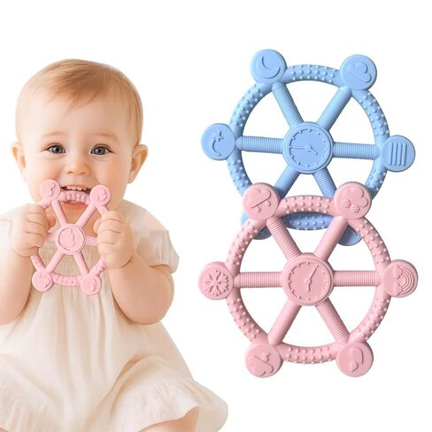 2 Packs Teething Toys for Babies 3-12 Months, Pain Relief Silicone Baby Teethers 6 to 12 Months, Easy-to-Hold BPA-Free Teething Toys, Infant Chew Toys, Soft Textures for Comfort in Kuwait