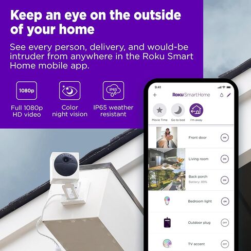 Roku Outdoor Camera for Home Security - IP65 Weather Resistance Wireless Security Camera with 1080p HD Night Vision, Works with Alexa & Google, Motion Detection - 90-Day Subscription Included, White in Kuwait