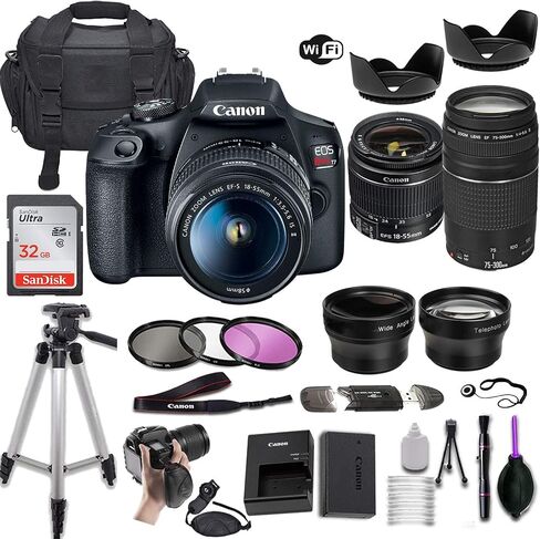 Canon EOS Rebel T7 DSLR Camera w/EF-S 18-55mm f/3.5-5.6 is II & EF 75-300mm f/4-5.6 III Lens + Wide-Angle and Telephoto Lenses + Portable Tripod + Memory Card + Deluxe Accessory Bundle (Renewed) in Kuwait