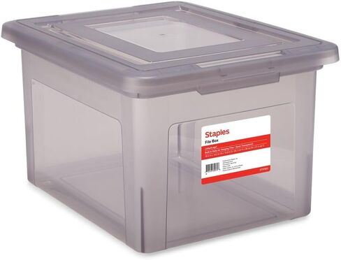 STAPLES Plastic File Box with Snap Lid, Letter/Legal Size, Clear, 4/Carton | Stackable storage box keeps hanging files organized and protected. Pack of 4. in Kuwait