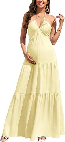 CYCLAMEN Maternity Halter Summer Vacation Dress, Yellow, M in Kuwait
