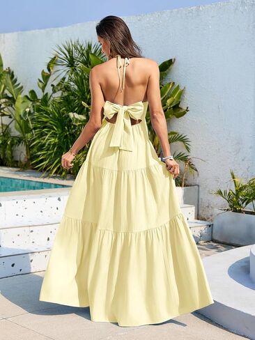 CYCLAMEN Maternity Halter Summer Vacation Dress, Yellow, M in Kuwait