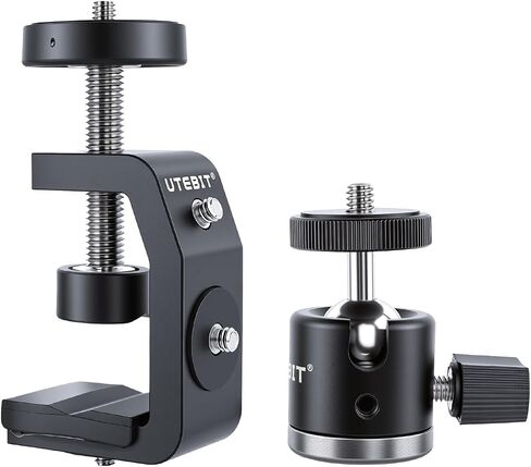 UTEBIT 40mm C-Clamp Camera Mount with Mini Ball Head, Black | 1/4 Thread Hole Metal Clamp with 360° Swivel Ballhead Camera Mount 1/4 Hot Shoe Adapter for Camera Desk Bicycle Woodworking in Kuwait