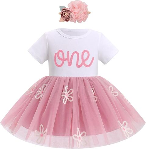 IBTOM CASTLE Baby Girl Floral First Birthday Dress | One year old girl birthday outfit flower embroidery tulle tutu shirt with headband for cake smash photoshoot party in Kuwait