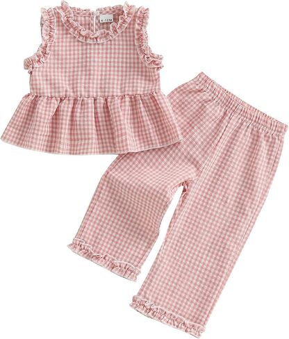 Toddler Girls Summer Clothes Set Gingham Ruffle Dress Tops Pants 2 Piece Spring Summer Outfits 1-5t in Kuwait