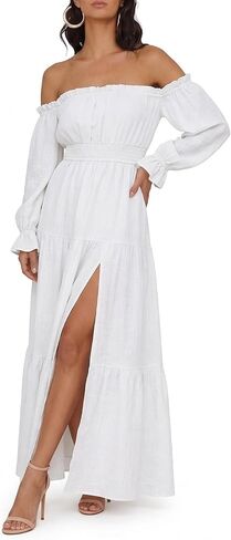 Womens Off Shoulder Smocked Maxi Dress Long Sleeve Split Flowy Long Dresses | OULESIS Womens Off Shoulder Smocked Maxi Dress Long Sleeve Cocktail Wedding Guest Flowy Long Dresses Tiered Party Sundress in Saudi Arabia