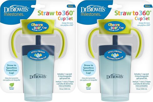 Dr. Brown's Milestones Straw to 360 Convertible Toddler Training Cup Set with Interchangeable Silicone Straw and 360 Degree Cup Lids, Pink Coral, 10 oz/300 mL, BPA-Free, 9m+, 2-Pack in Kuwait