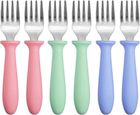 Pimoys 6-Pack Toddler Forks, 18/8 Stainless Steel with Plastic Handles | Rounded tines, shield guard, easy-grip size, dishwasher safe, 3 colors, for self-feeding toddlers in Kuwait