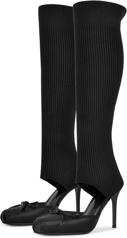 richealnini Satin Ballet Heel Sock Boots Sandals Ribbed Knit Knee High Stiletto Boots with Bow in Kuwait