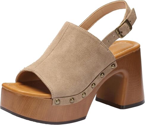 Womens Platform Chunky Sandals, Studded Faux Suede Heels with Chunky Block Heel, Comfortable Cushioned Platform Shoes, Open Toe Heeled Slip On Summer Sandals for Women in Kuwait