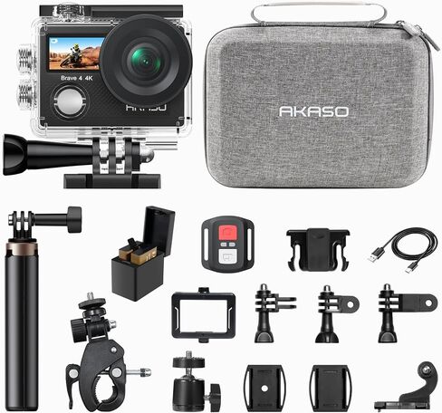 AKASO Brave 4 Action Camera with Floating Hand Grip and Carrying Bag Bundle | 20MP EIS WiFi 170° FOV 5X Zoom Waterproof Underwater Camera for Snorkel, Travel, Bicycle, Helmet, Motorcycle Accessories Kit in Kuwait