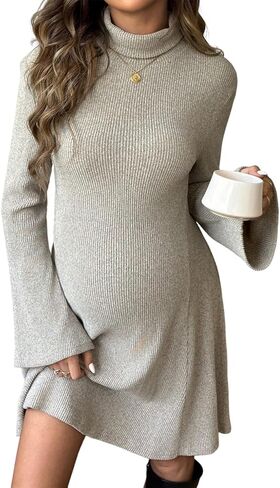 BLENCOT Womens Midi Maternity Dress Rib Knit High Stretch Bell Sleeve Mock Neck Casual Office Pregnancy Fall Winter Dress in Kuwait