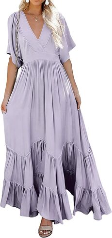 R.Vivimos Summer Flowy Maxi Dresses for Women 2026 V Neck Short Sleeve Tie Back Boho Casual Tiered Ruffle Long Dress in Kuwait