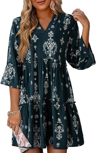 Dokotoo Summer Dresses for Women 2026 Casual V Neck Babydoll Dress 3/4 Bell Sleeve Beach Vacation Mini Dress in Kuwait