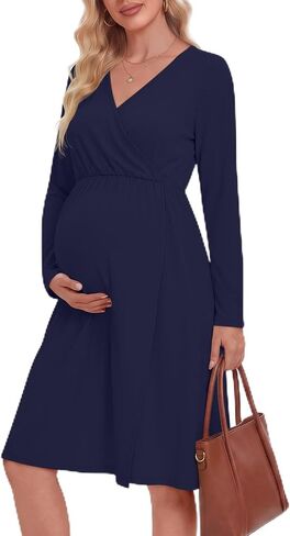 Locoowai Women's Maternity Wrap Long Sleeve Dress | V Neck, Empire Waist, Midi Dress for women, Pregnancy, Fall, Photoshoot, Baby Shower, Casual, Wedding Guest, Tea Party in Kuwait