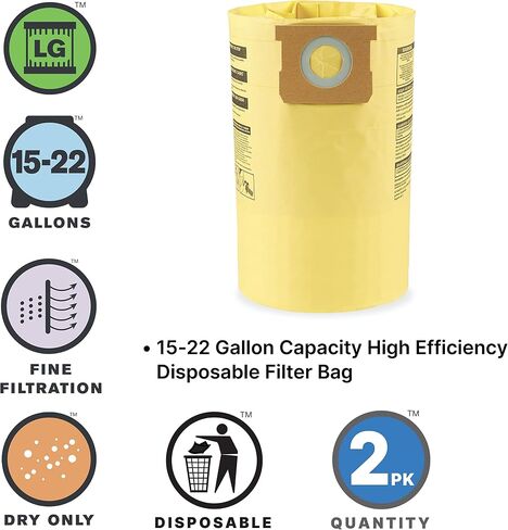 Shop-Vac 9067333 High Efficiency Disposable Filter Bags (2-Pack) | Fits 15-22 Gallon Tanks, White, Ideal for Drywall and Cold Ashes in Kuwait
