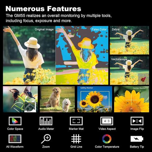 GODOX GM55 Touch Screen DSLR Camera Field Monitor 5.5 Inch 4K 410nit 4K HDMI in and Out Exposure Focus 3D LUT 160°Wide View Angle DC/Battery 8V/1.5A Powered 1920x1080 External Monitor in Kuwait