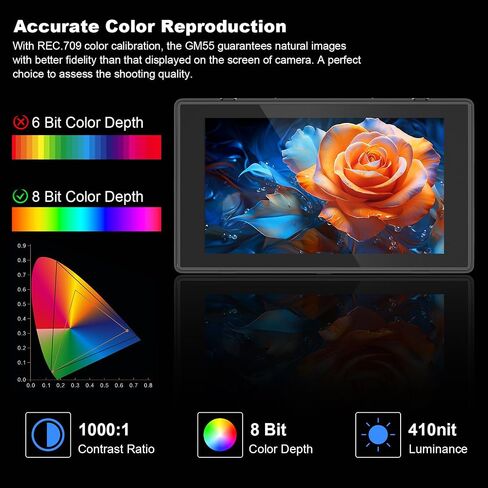 GODOX GM55 Touch Screen DSLR Camera Field Monitor 5.5 Inch 4K 410nit 4K HDMI in and Out Exposure Focus 3D LUT 160°Wide View Angle DC/Battery 8V/1.5A Powered 1920x1080 External Monitor in Kuwait