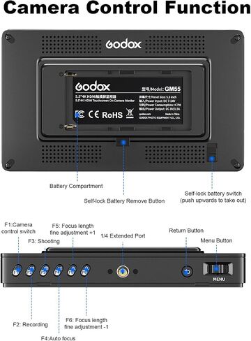 GODOX GM55 Touch Screen DSLR Camera Field Monitor 5.5 Inch 4K 410nit 4K HDMI in and Out Exposure Focus 3D LUT 160°Wide View Angle DC/Battery 8V/1.5A Powered 1920x1080 External Monitor in Kuwait