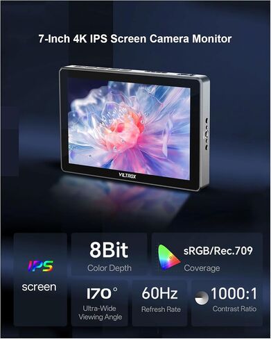 VILTROX DC-L1 7" 4K HDMI Camera Field Monitor, 600nit Touch Screen, 4K 30Hz HDMI Loop in/Out DSLR Video External Monitor for Sony Canon Nikon with Sunshade Hood, Battery, Storage Bag in Kuwait