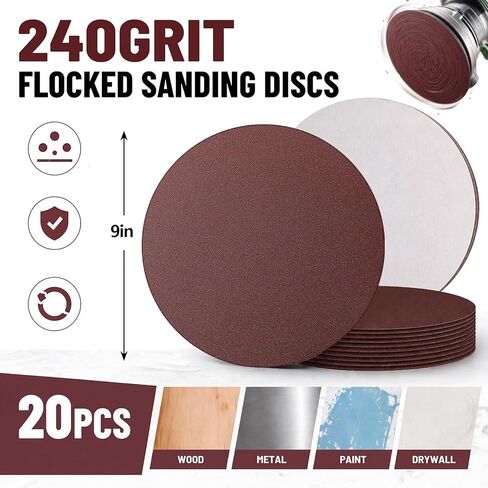 20 Pcs 9 Inch 240 Grit Sanding Discs for Hand Radial Sander 9" Round Hook & Loop Sandpaper for Sanding Tool Self Stick Aluminum Oxide for Hand Drywall Power Sander in Saudi Arabia