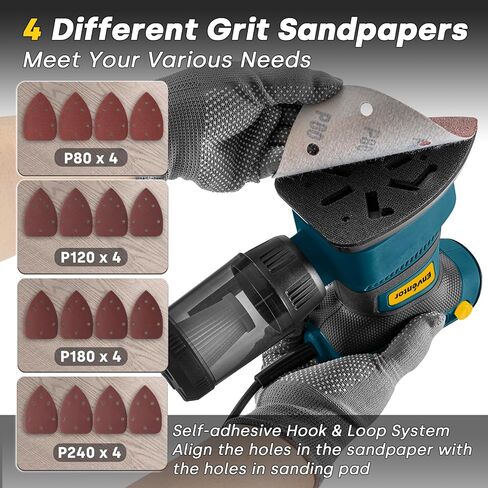 Enventor Detail Sander with 8-Hole Dust Collection, 210 W, Corded | 15,000 RPM, 16 Sandpapers: P80/P120/P180/P240, 2 M Cord, Non-slip Grip, for Edges, Corners and Tight Spaces in Kuwait