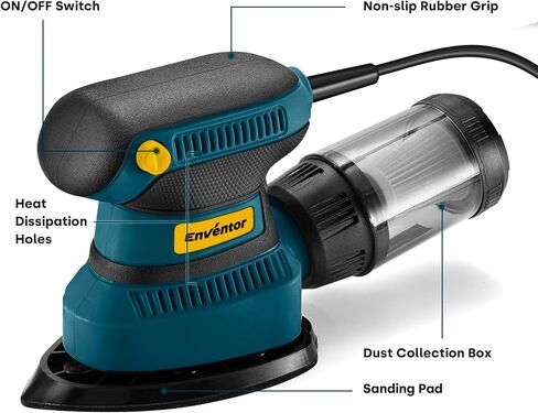 Enventor Detail Sander with 8-Hole Dust Collection, 210 W, Corded | 15,000 RPM, 16 Sandpapers: P80/P120/P180/P240, 2 M Cord, Non-slip Grip, for Edges, Corners and Tight Spaces in Kuwait