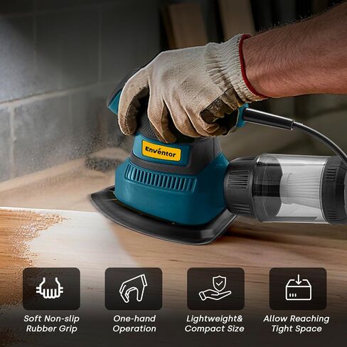 Enventor Detail Sander with 8-Hole Dust Collection, 210 W, Corded | 15,000 RPM, 16 Sandpapers: P80/P120/P180/P240, 2 M Cord, Non-slip Grip, for Edges, Corners and Tight Spaces in Kuwait