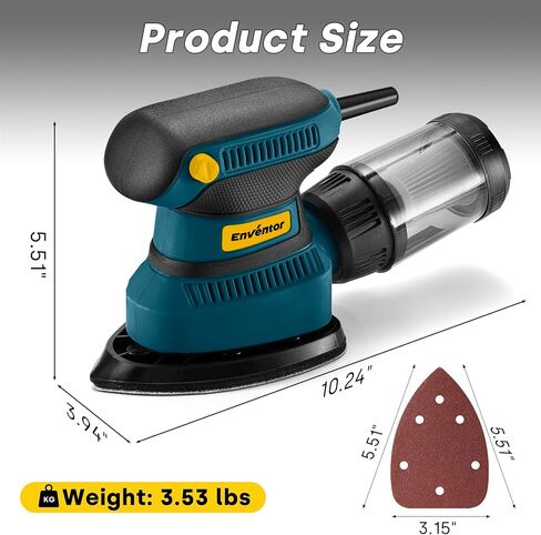 Enventor Detail Sander with 8-Hole Dust Collection, 210 W, Corded | 15,000 RPM, 16 Sandpapers: P80/P120/P180/P240, 2 M Cord, Non-slip Grip, for Edges, Corners and Tight Spaces in Kuwait