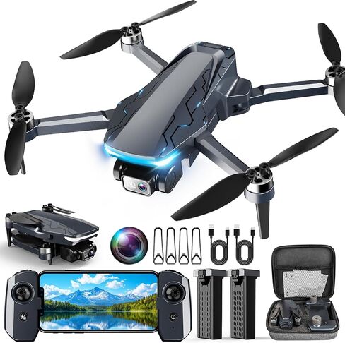 GPS Drone with Camera, 2K HD Drones for Adults, Foldable FPV Drone with GPS Auto Return, Follow Me, Circle Fly, Waypoint Fly, 5G Transmission, Gestures Selfie, Brushless Motor, 2 Batteries,Jet Black in Kuwait