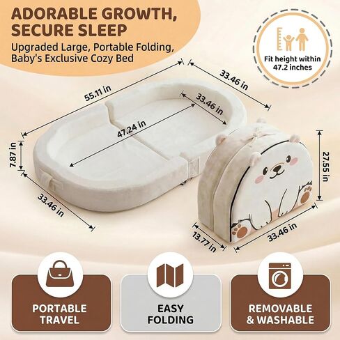 Portable Toddler Bed Folding Toddlers Floor Beds for Kids Foldable Soft Foam Travel Bed for Baby, Washable Cover Toddler Cot with Safety Rail for Travel, Home/Travel (Polar Bear) in Kuwait