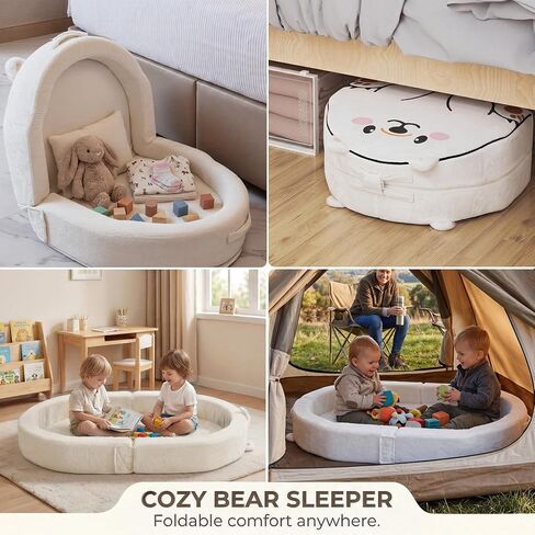 Portable Toddler Bed Folding Toddlers Floor Beds for Kids Foldable Soft Foam Travel Bed for Baby, Washable Cover Toddler Cot with Safety Rail for Travel, Home/Travel (Polar Bear) in Kuwait