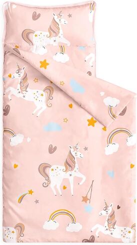 Wake In Cloud - Toddler Nap Mat with Pillow and Blanket, for Kids Girls Ages 3 Plus in Kindergarten Daycare Preschool, Roll Up Sleeping Bag, Unicorns Rainbow Stars in Kuwait
