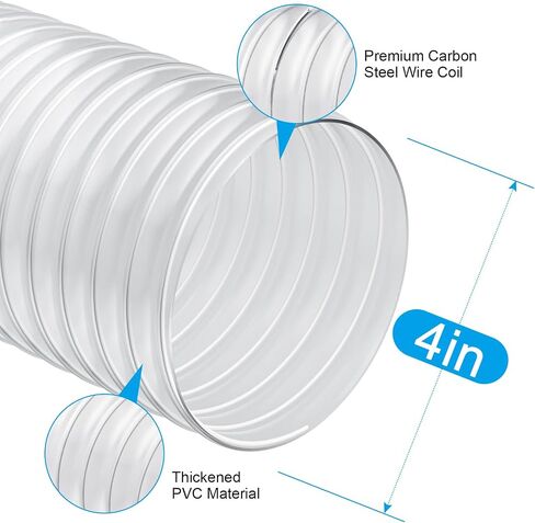 4" x 50' Heavy PVC Dust Collection Hose, Flexible Clear Debris and Fume Collector With Stainless Steel Clamps for 4" Ports, Ideal for Shop Vacuums in Kuwait