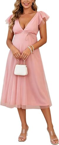 Maternity Midi Dress V Neck Flutter Sleeve Tie Waist Tulle Gown | Soft sheer tulle maternity dress, v neck flutter sleeves, self tie waist, backless cut for baby shower and maternity photos in Kuwait