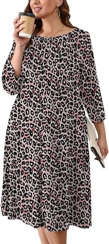 AusLook Women's Plus Midi Dresses Crew Neck A Line 3/4 Sleeves Casual Elegant Loose Wedding Vacation Dress with Pockets in Kuwait