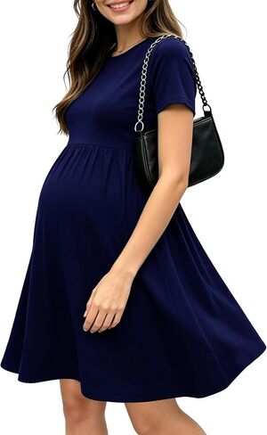 Women's Maternity Dress Short Sleeve Patchwork Pockets Pregnancy Clothes | Breathable Stretchy Knit Fabric, A-Line High Elastic Waist, Side Pockets, for Baby Shower Wedding Cocktail Photoshoot Office in Kuwait