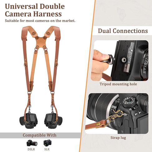 Jumyee Double Camera Harness for 2 Cameras, Adjustable Dual Shoulder Leather Camera Strap for DSLR/SLR in Kuwait