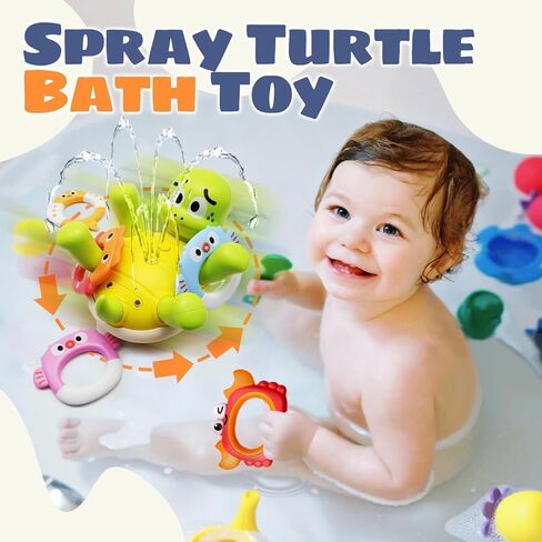 Sizobi Baby Bath Toys,Pool Water Bath Toy for Kids Ages 1-3,Water Table Toy | Rechargeable Turtle Bath Toy Sprinkler for Toddler with 5 Rings, Bathtub Fountain Spray Toy,Outdoor Birthday Gifts,Boys Girls in Kuwait