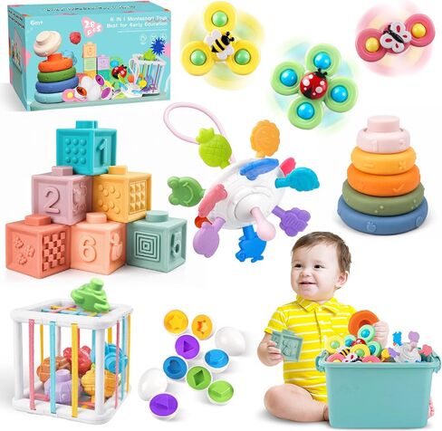 Plunack Montessori Baby Toys 6 in 1 Sensory Developmental Learning Set | Stacking Blocks, Rings, Pull String, Suction Cup Spinner, Matching Eggs & Sensory Bin, BPA-Free, Infant Developmental Skills in Saudi Arabia