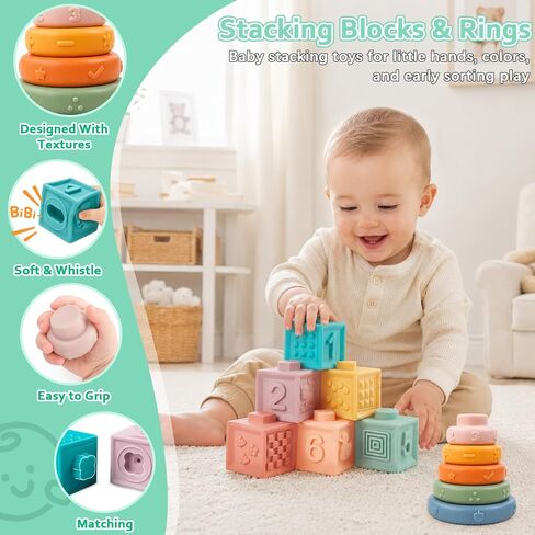 Plunack Montessori Baby Toys 6 in 1 Sensory Developmental Learning Set | Stacking Blocks, Rings, Pull String, Suction Cup Spinner, Matching Eggs & Sensory Bin, BPA-Free, Infant Developmental Skills in Saudi Arabia