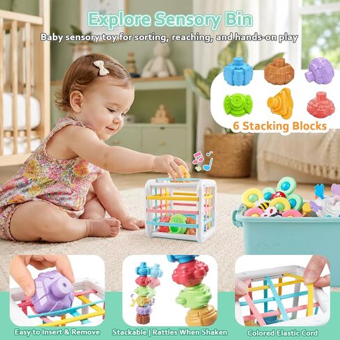 Plunack Montessori Baby Toys 6 in 1 Sensory Developmental Learning Set | Stacking Blocks, Rings, Pull String, Suction Cup Spinner, Matching Eggs & Sensory Bin, BPA-Free, Infant Developmental Skills in Saudi Arabia