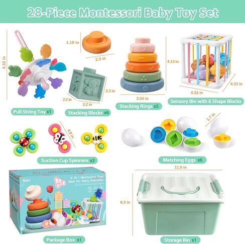 Plunack Montessori Baby Toys 6 in 1 Sensory Developmental Learning Set | Stacking Blocks, Rings, Pull String, Suction Cup Spinner, Matching Eggs & Sensory Bin, BPA-Free, Infant Developmental Skills in Saudi Arabia