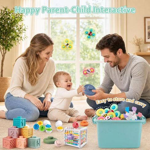 Plunack Montessori Baby Toys 6 in 1 Sensory Developmental Learning Set | Stacking Blocks, Rings, Pull String, Suction Cup Spinner, Matching Eggs & Sensory Bin, BPA-Free, Infant Developmental Skills in Saudi Arabia