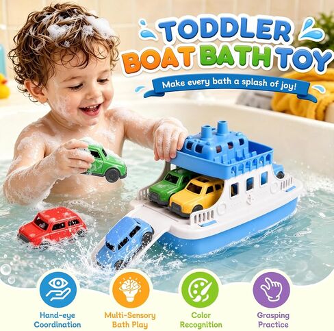 Ferry Bath Toy with Mini Cars, Floating Toy Boat & Slide-Out Ramp Water Play Set for Bath, Pool & Beach, Ages 3+ in Kuwait