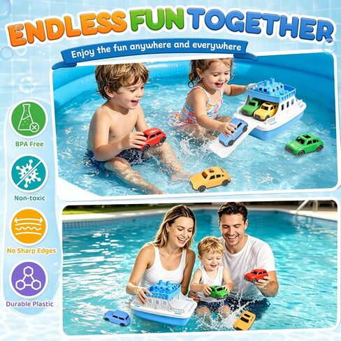 Ferry Bath Toy with Mini Cars, Floating Toy Boat & Slide-Out Ramp Water Play Set for Bath, Pool & Beach, Ages 3+ in Kuwait