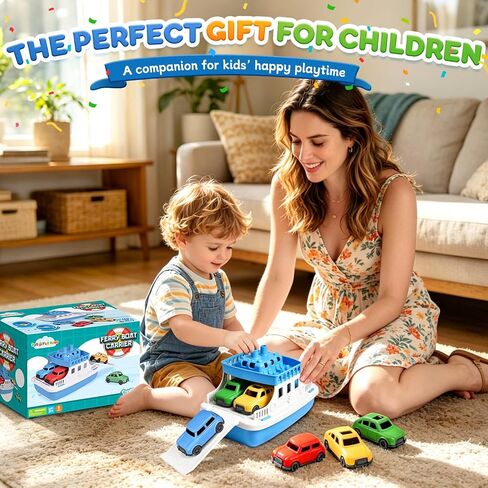 Ferry Bath Toy with Mini Cars, Floating Toy Boat & Slide-Out Ramp Water Play Set for Bath, Pool & Beach, Ages 3+ in Kuwait
