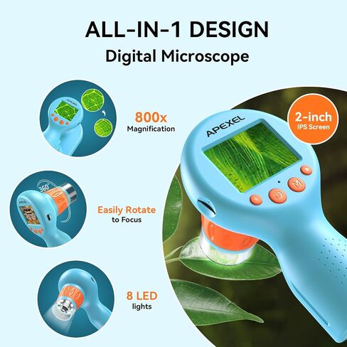 APEXEL 800X Handheld Digital Microscope with 2" IPS Screen, Photo & Video Portable Microscope with Adjustable Lights (Including SD Card & Slides) in Kuwait